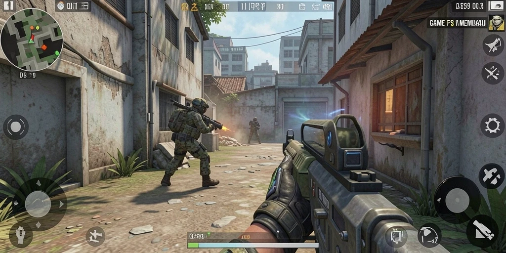 Tampilan gameplay seru dalam pertempuran FPS yang menegangkan.