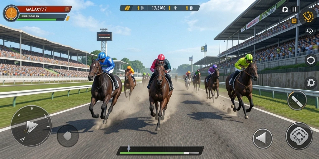 Tampilan gameplay GALAXY77 dengan mobil balap di lintasan.
