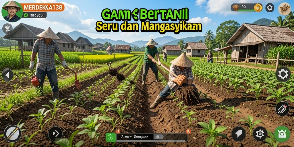 Screenshot utama MERDEKA138 menampilkan aktivitas bertani yang seru.