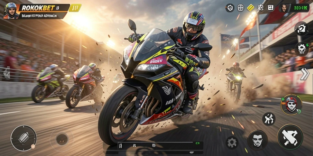 Tampilan gameplay ROKOKBET dengan balapan motor yang menantang.