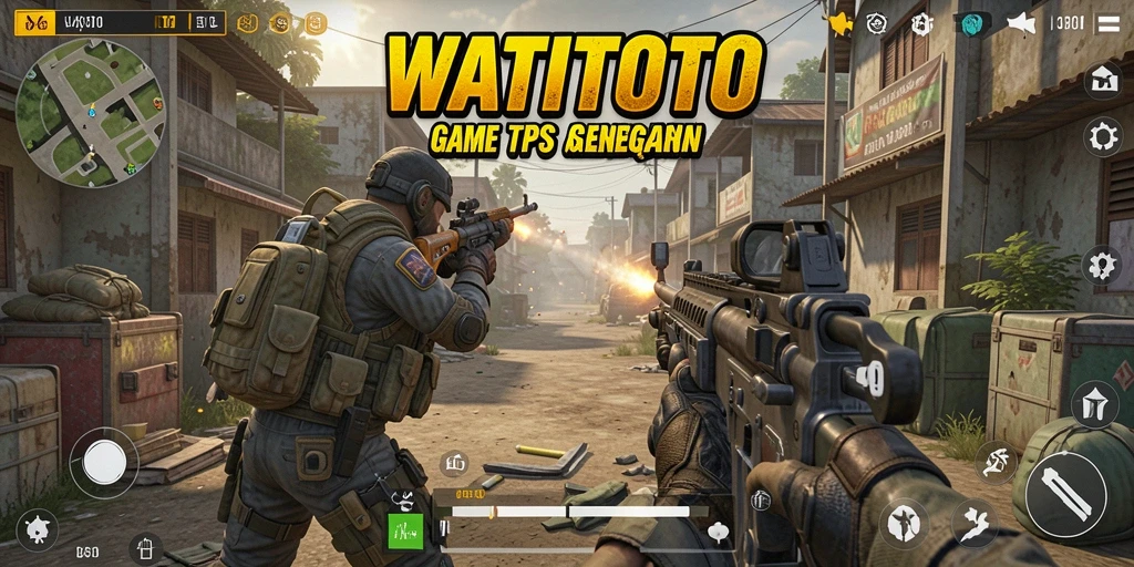 Screenshot WATITOTO menampilkan aksi tembak-menembak seru di medan perang.